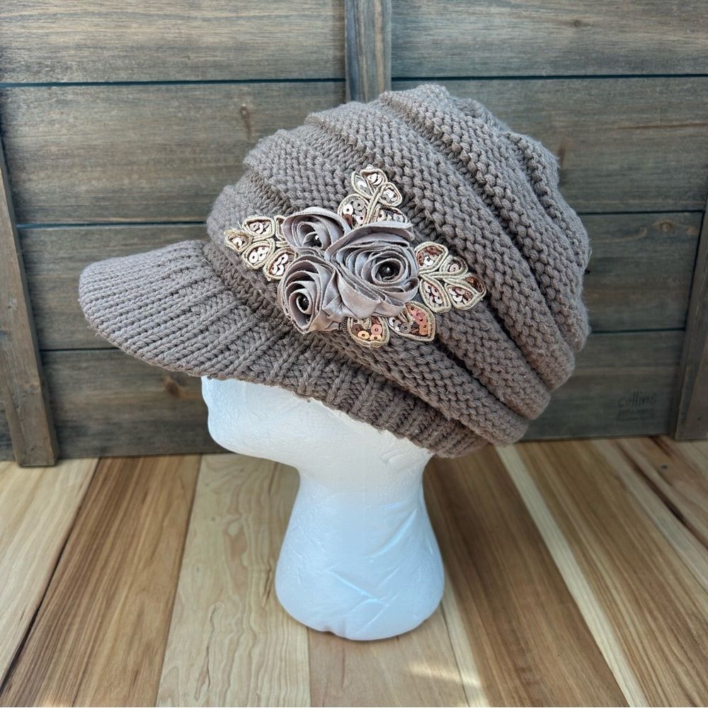 Elegant Taupe Knit Hat with Floral Accent